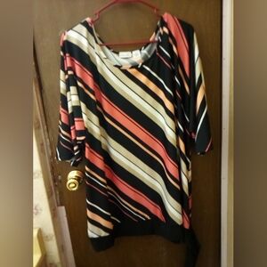 Kim Rogers 3x polyester spandex tie at bottom striped blouse.